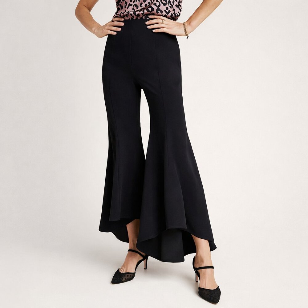 Anthropologie Zinnia Black Flare Wide Leg High Rise Flat Front Boho Pant Size 2